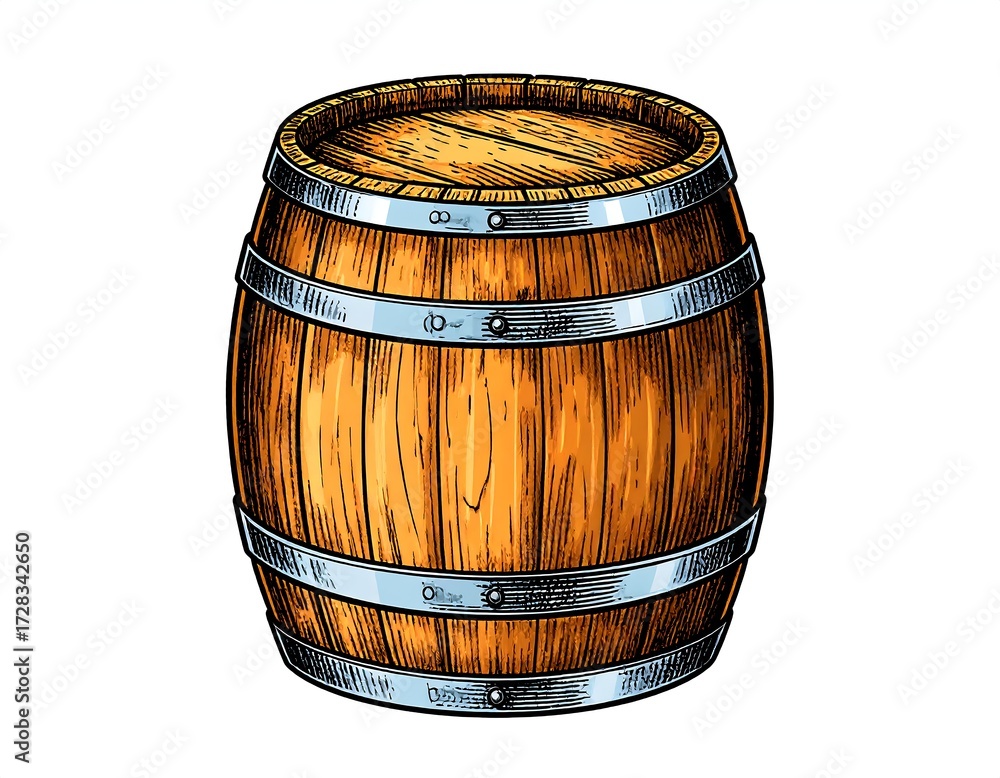 Obraz premium Wooden barrel illustration, detailed hand-drawn style, showing wood grain and metal bands