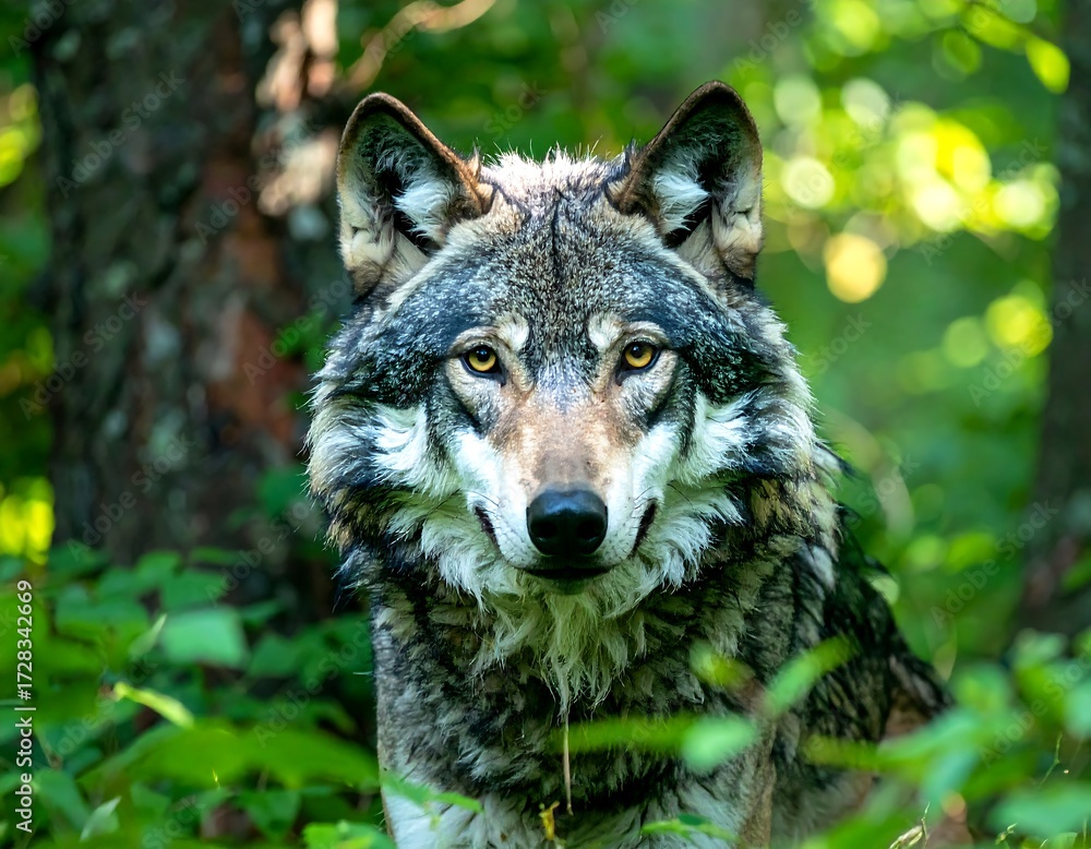 Fototapeta premium Wolf portrait in lush forest
