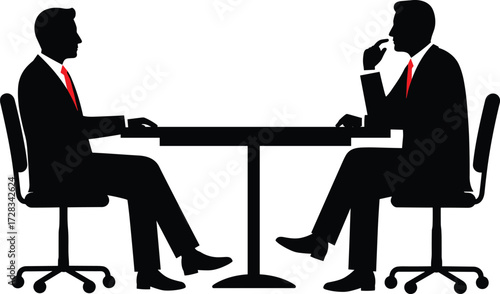 Business meeting silhouette vector, two professionals seated at table in formal attire, editable interview or corporate discussion icon set
