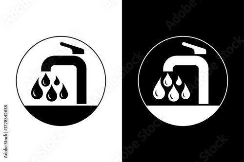 Water Tap Icon Silhouette. Black and White Faucet Dripping Vector Illustration