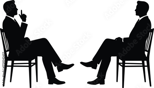 Silhouette vector of formal discussion, two professionals seated face-to-face, cartoon-style business dialogue or interview scene, editable black icon set