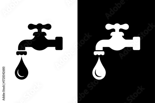 Plumbing Tap Silhouette Icon. Water Faucet with Droplet Vector Design