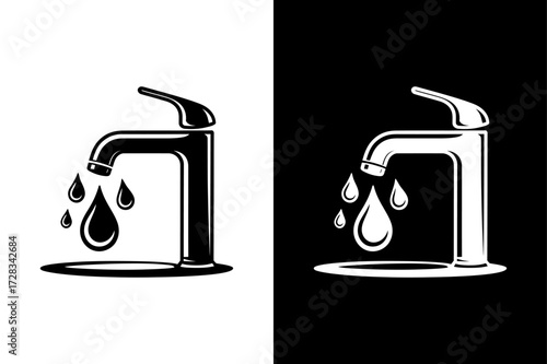 Dripping Water Faucet Silhouette. Black and White Plumbing Fixture Icon