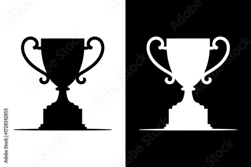 First Place Award Cup Silhouette. Trophy, Medal, Winner Icon in Black White