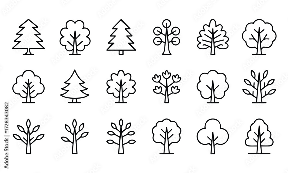 Fototapeta premium Hand-Drawn Tree Outline Vector Icons for Minimalist and Nature-Inspired Projects. Minimal design, Clean vector Outline, Thin stroke, Modern design.