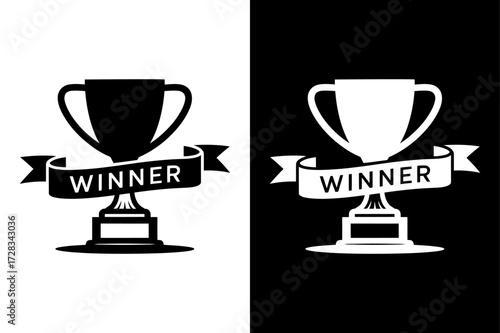 Winner Trophy Silhouette. First Place Cup Icon Black White Editable Stroke