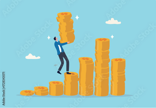 Investment growth compound interest, capital gain profit or wealth accumulation, increase pension fund or revenue, financial success, increase deposit value concept, businessman increase money stack.
