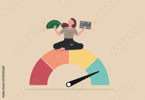 Good credit score for credit card spending with sufficient cash to pay debt create excellent personal financial plan, happy woman hold banknote and credit card sit above credit gauge at good rating.