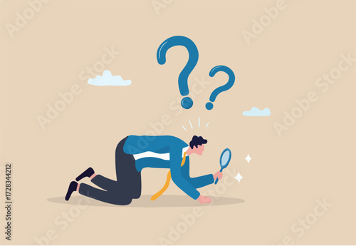 Detect or discover fact, information or analysis, curiosity, research or search in details, exploration or finding solution concept, businessman detective looking through magnifying glass searching.