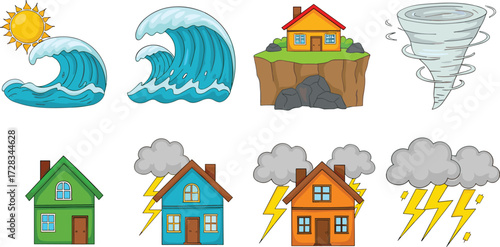 Natural disaster vector set, cartoon-style weather impact illustration, tsunami, tornado, lightning, storm damage, house scenes, editable environment icons