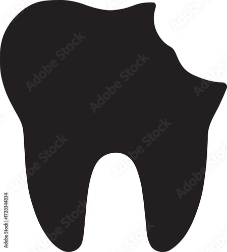 Tooth with cavity silhouette icon, dental health symbol for dentistry, oral care, and treatment design.
