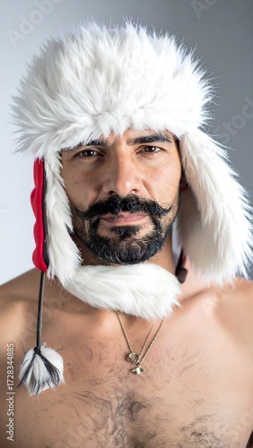 Man in a white fur hat and red accents
