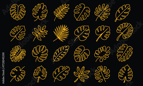 Gold Botanical Leaf Vector Set on Black – Luxury Nature-Inspired Design, Minimalist Design, Clean Vector Outline, Thin Stroke, Modern Design.
