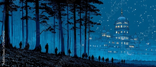 Enchanted Forest at Night with Mystical Castle and Starlit Sky