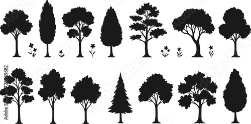 Tree silhouette collection, forest trees vector, black tree icons, botanical clipart, nature illustration set, landscaping elements, garden foliage shapes