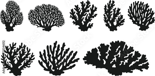 Black silhouette underwater coral reef marine plants vector collection, tropical ocean seaweed algae illustration, decorative aquatic nature foliage design elements, isolated graphic set