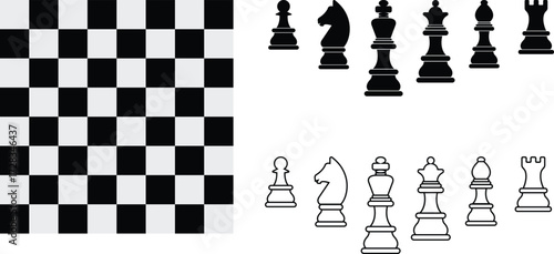 Chess icon set collection with board and pieces, strategy game symbols group including pawn, knight, rook, bishop, queen, king, black and white vector design in flat and line style isolated