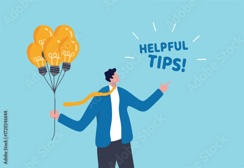 Helpful tips for business, useful ideas or smart trick to success, advice or suggestion information for improvement concept, smart businessman holding lightbulb ideas balloon telling helpful tips.