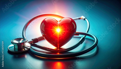 Glowing heart with stethoscope symbolizes health and medical care, radiating warmth and vitality.