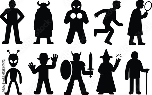 Character silhouette icons, fictional personas, hero, villain, wizard, alien, detective, black vector illustration, storytelling elements, costume design