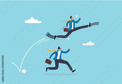 Competitive advantage to win business competition, success strategy, innovation, work efficiency or career promotion, effort or skill concept, businessman with spring shoes leap fast over competitor.