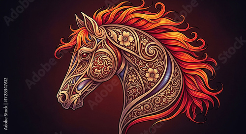 Majestic Ornate Horse Head with Fiery Mane and Intricate Celtic Patterns.
