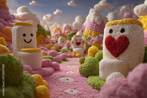 Playful Fantasy Landscape with Cute Marshmallow Characters