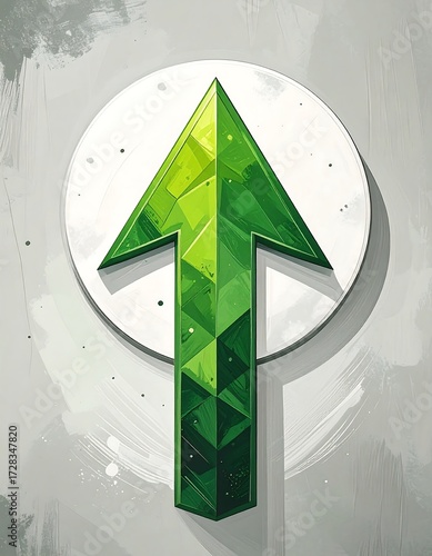 A vibrant green, facetted arrow points upward, centered within a white circle against a textured grey backdrop