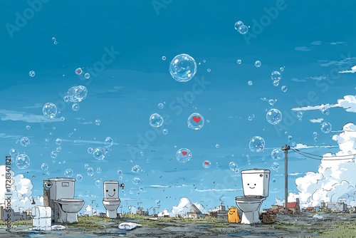 Whimsical Toilets Surrounded by Bubbles and Clear Blue Sky