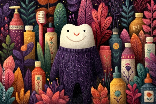 Whimsical Character Surrounded by Colorful Bottles and Plants