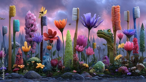 Colorful Fantasy Landscape with Toothbrush Flowers and Cute Dinosaur