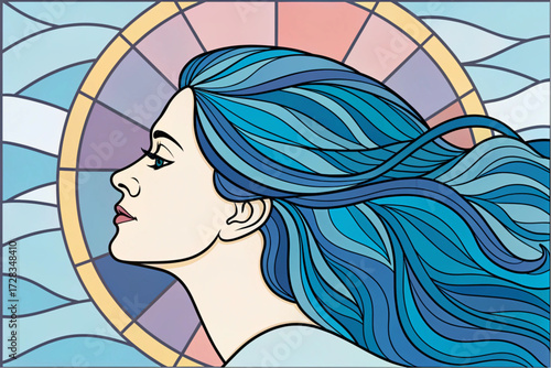 Artistic Retro Futuristic Portrait of a Woman with Blue Wavy Hair Banner Background