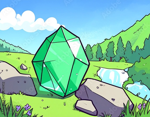 A vibrant green gemstone rests on rocks in a sunny mountain meadow, near a stream