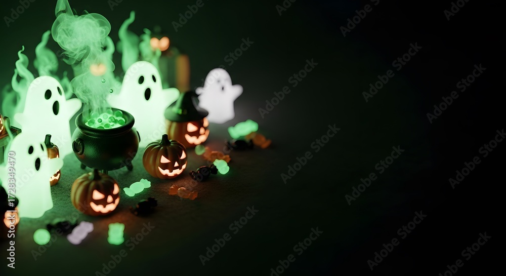 Fototapeta premium Spooky Halloween scene glowing ghosts jack-o-lanterns bubbling cauldron Night Eerie Dark Green Orange Magic Mist Trickortreat Candy