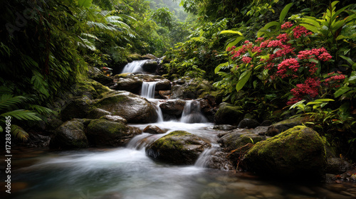 Flowing waterfall surrounded by lush green plants and vibrant flowers in a serene forest environment