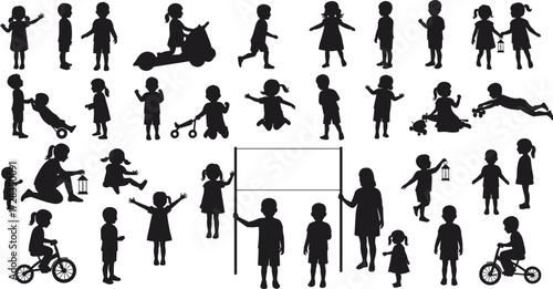 Children silhouette set, cartoon kids playing, walking, biking, holding toys and objects, vector illustration, childhood activity, interaction, expressive movement
