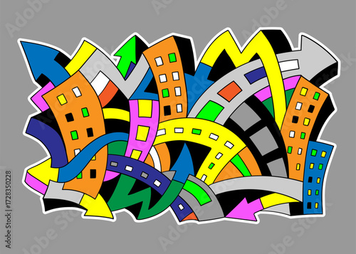 
 City graffiti streets houses urban style doodle hand drawn graphic illustration
