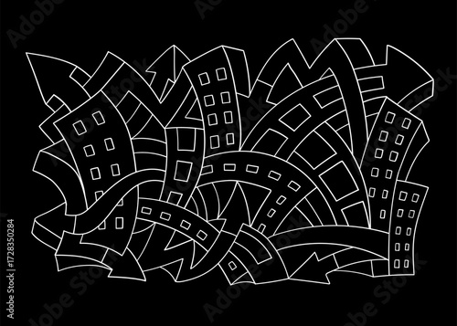 
 City graffiti streets houses urban style doodle hand drawn graphic illustration
