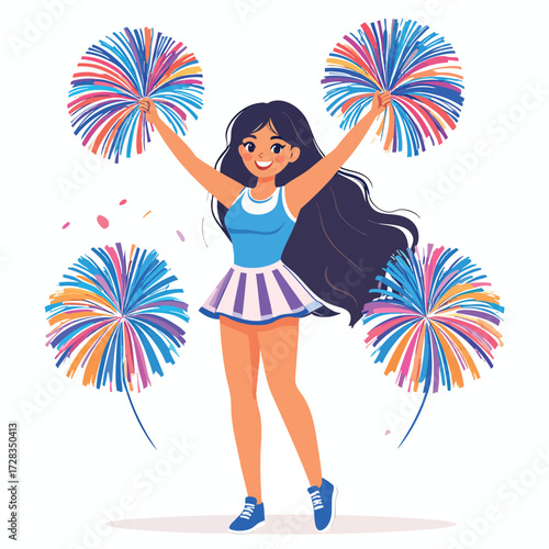 Cheerful cheerleader with long dark hair, holding colorful pom-poms, performing a routine.