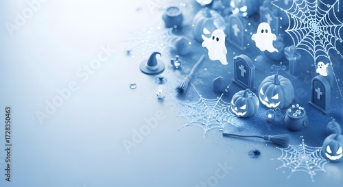 Eerie blue Halloween night glowing jack-o'-lanterns floating ghosts Spooky Pumpkins Spiderwebs Tombstones Cauldron Witch Broom Blue