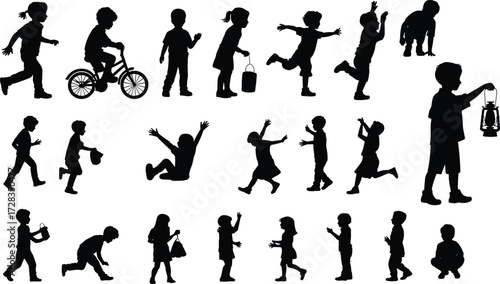 Children activity silhouette set, cartoon kids running, jumping, playing, biking, walking, vector illustration, childhood motion, expressive poses, outdoor fun