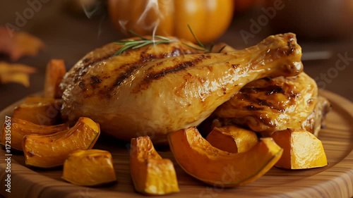 Festive autumn meal Roasted chicken with pumpkin slices on a wooden serving plate