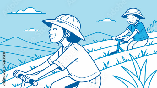 Two children joyfully ride scooters down a grassy hill, enjoying the sunny day.