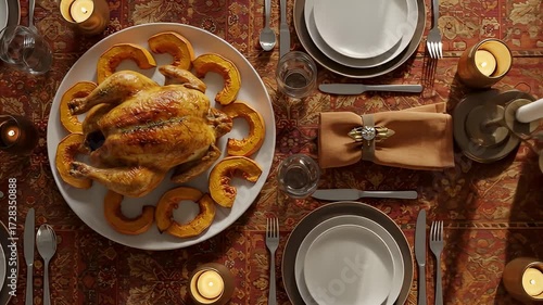 A turkey and squash centerpiece adorns a formal autumn table setting, overhead view