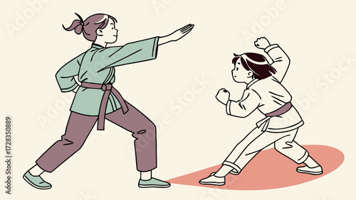 Two women practice martial arts, one in a green uniform with a block, the other in white with fists raised, on a light background.