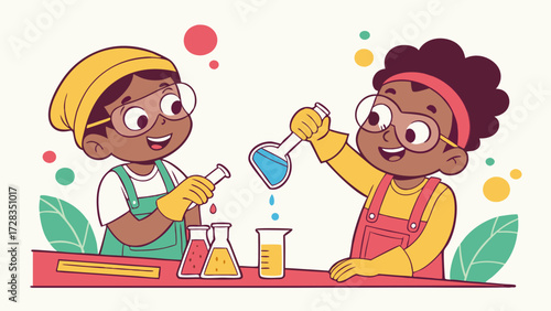 Two young children in a science lab wearing safety goggles and gloves, conducting an experiment with colorful liquids in beakers and flasks.