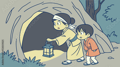 Two children, one holding a lantern, cautiously approach the dark entrance of a cave in a forest.