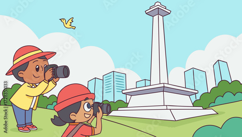 Two children taking photos of a tall monument in a park on a sunny day with a bird flying nearby.