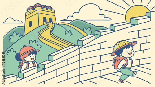 Two children happily exploring the Great Wall of China, ascending the steps, enjoying the sunny day.
