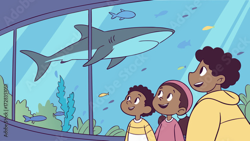 Three children happily observe a large shark swimming in a large aquarium tank.